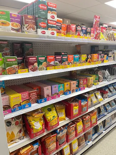 Shelves of South Asian groceries at Bharat Bazaar